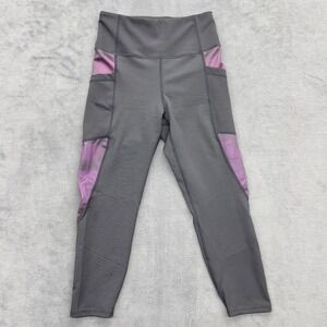 Activewear Capris Leggings Gray Purple Metallic Pocket Logo Athleisure